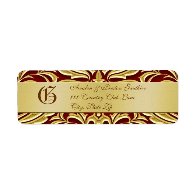Valentines Red Damask Gold Metal Address Label (Front)