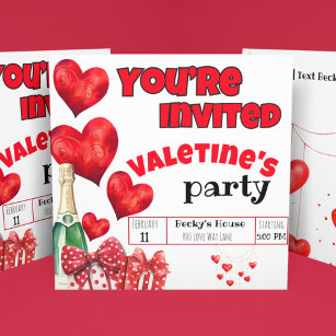 Valentine's Red Hearts and Polka Dots Champagne Invitation