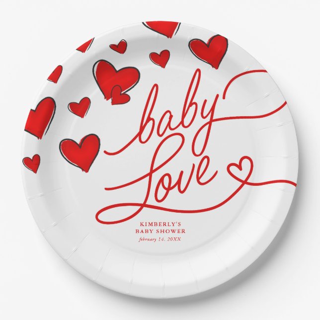 Valentine's Red Hearts Baby Love Baby Shower  Paper Plate (Front)