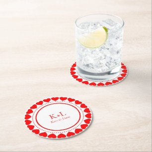Valentine's Red Hearts Circle Custom Text Round Paper Coaster