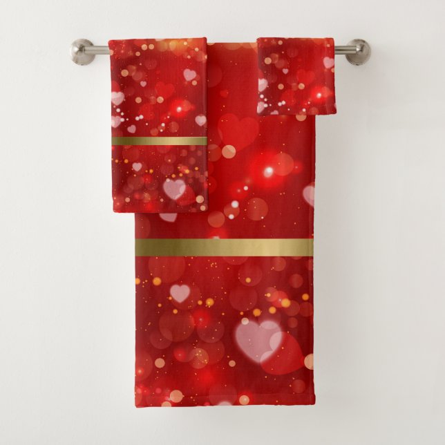 Valentines red  hearts collage pattern bath towel set (Insitu)