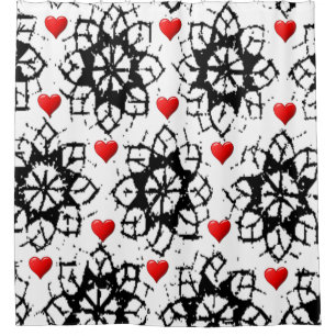 valentines Red hearts white black shower curtain