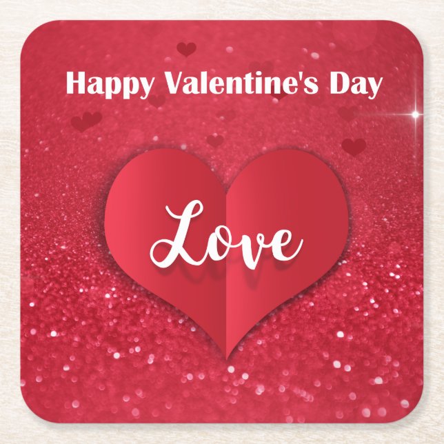 Valentines Red Paper Heart Glitter - Paper Coaster (Front)