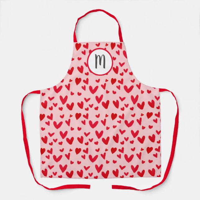 Valentines Red Pink Doodle Hearts Pattern Monogram Apron (Front)