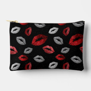 Valentines Red Silver Glitter Lips on Black Accessory Pouch
