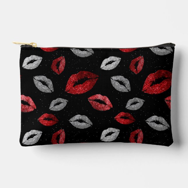 Valentines Red Silver Glitter Lips on Black  Accessory Pouch (Front)