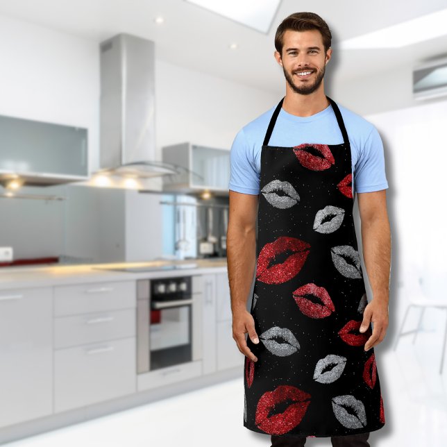 Valentines Red Silver Glitter Lips on Black  Apron (Creator Uploaded)