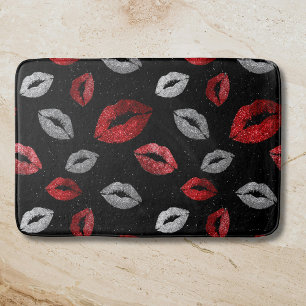 Valentines Red Silver Glitter Lips on Black  Bath Mat