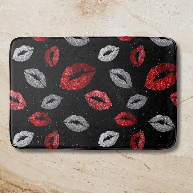 Valentines Red Silver Glitter Lips on Black  Bath Mat (Creator Uploaded)