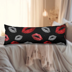 Valentines Red Silver Glitter Lips on Black  Body Cushion
