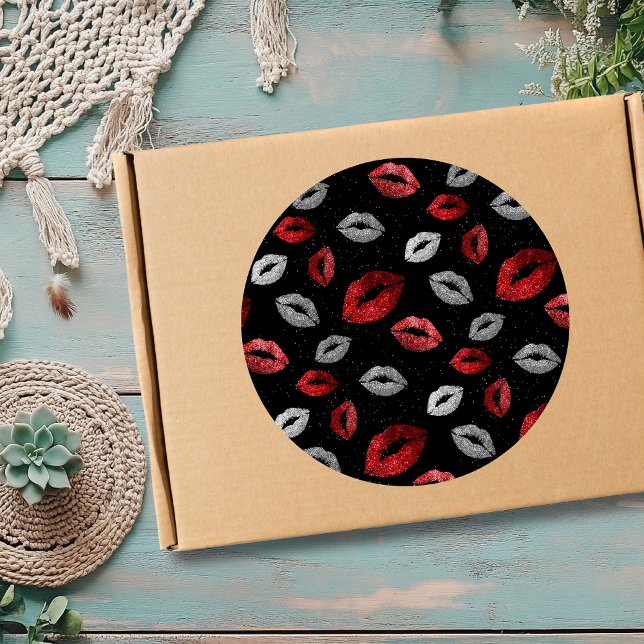 Valentines Red Silver Glitter Lips on Black  Classic Round Sticker (Creator Uploaded)