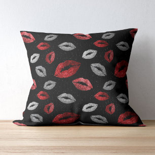 Valentines Red Silver Glitter Lips on Black  Cushion
