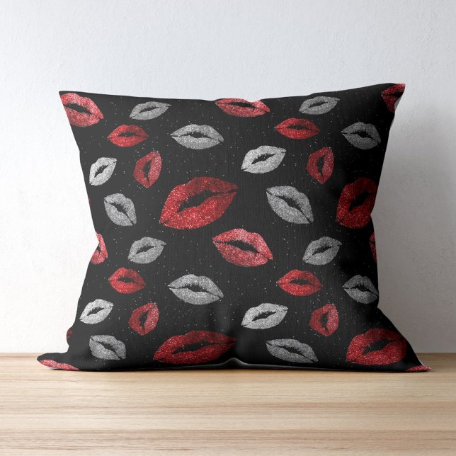Valentines Red Silver Glitter Lips on Black  Cushion (Creator Uploaded)