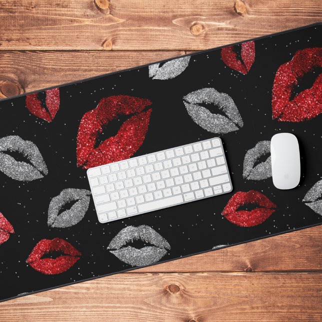 Valentines Red Silver Glitter Lips on Black  Desk Mat (Creator Uploaded)