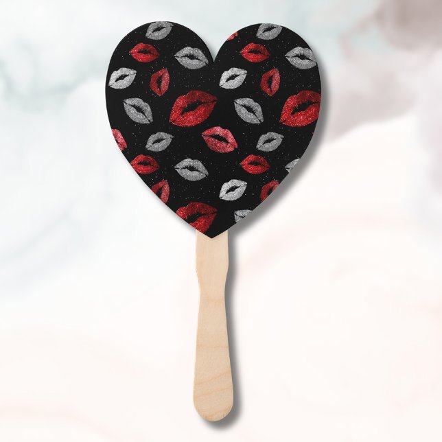 Valentines Red Silver Glitter Lips on Black  Hand Fan (Creator Uploaded)