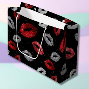Valentines Red Silver Glitter Lips on Black  Large Gift Bag