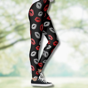 Valentines Red Silver Glitter Lips on Black  Leggings