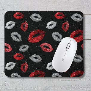 Valentines Red Silver Glitter Lips on Black Mouse Pad