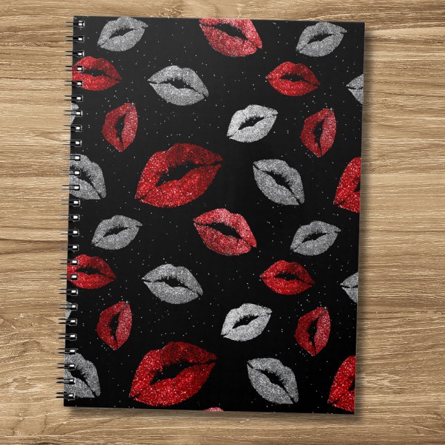 Valentines Red Silver Glitter Lips on Black  Notebook (Creator Uploaded)