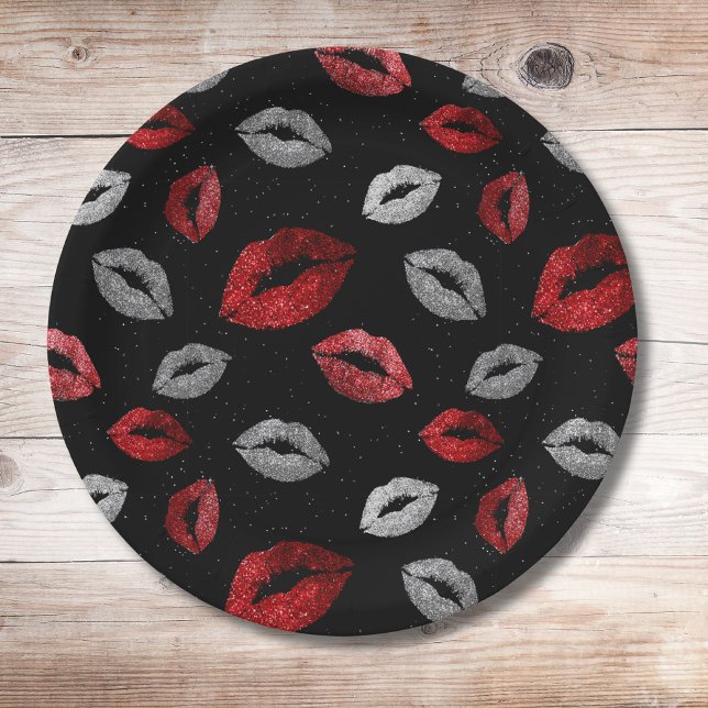 Valentines Red Silver Glitter Lips on Black  Paper Plate (Creator Uploaded)