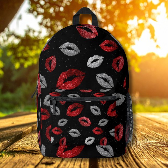 Valentines Red Silver Glitter Lips on Black  Printed Backpack (Creator Uploaded)