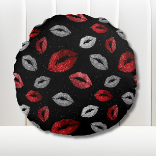 Valentines Red Silver Glitter Lips on Black  Round Cushion