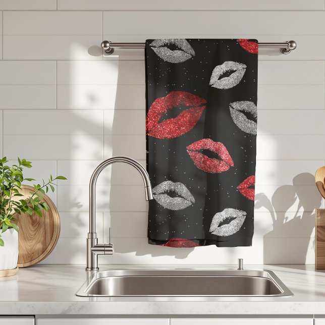 Valentines Red Silver Glitter Lips on Black  Tea Towel (Creator Uploaded)