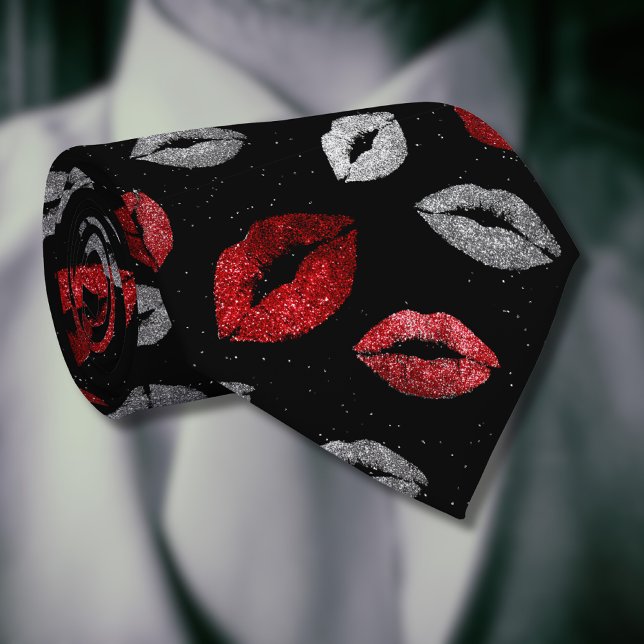 Valentines Red Silver Glitter Lips on Black  Tie (Creator Uploaded)