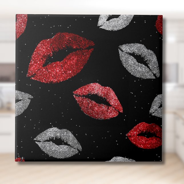 Valentines Red Silver Glitter Lips on Black  Tile (Creator Uploaded)