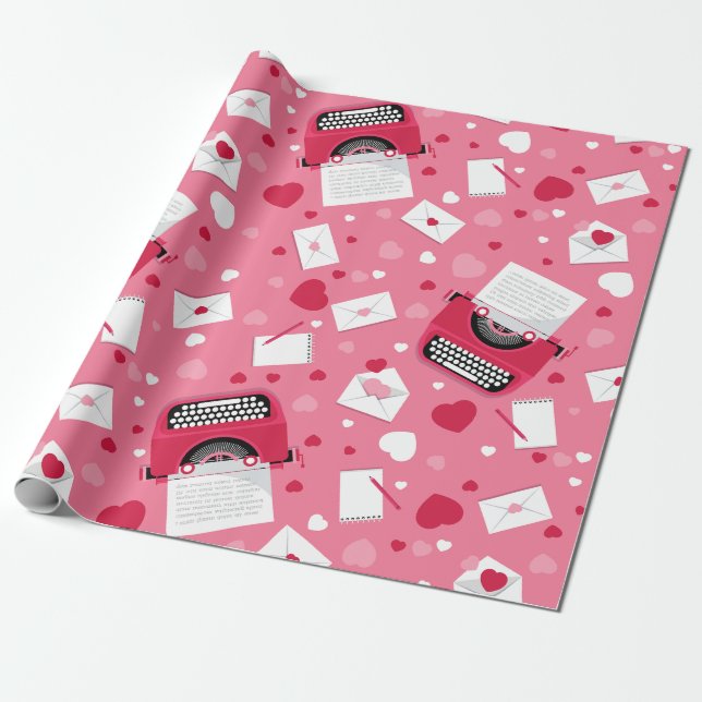 valentines romance typewriter love letters hearts  wrapping paper (Unrolled)