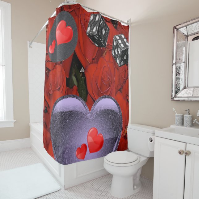 Valentines silver red hearts dice showercurtain shower curtain (In Situ)