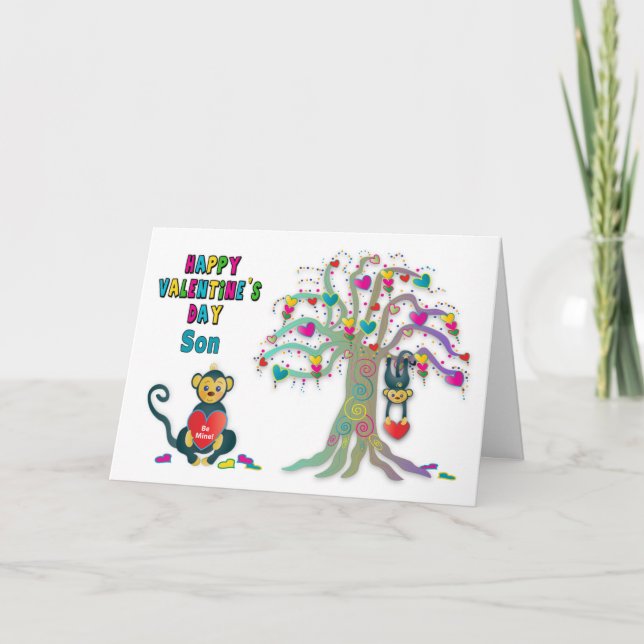 Valentine's Son Kids Monkey and Heart Tree Fun  Ca Card (Front)