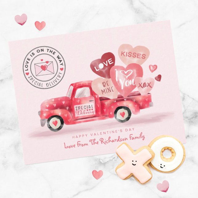 Valentine's Special Delivery Red Watercolor Truck Postcard (Creator Uploaded)