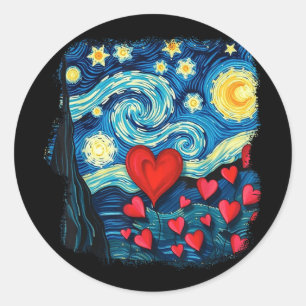 Valentines Starry Night Van Gogh Love Hearts Flowe Classic Round Sticker