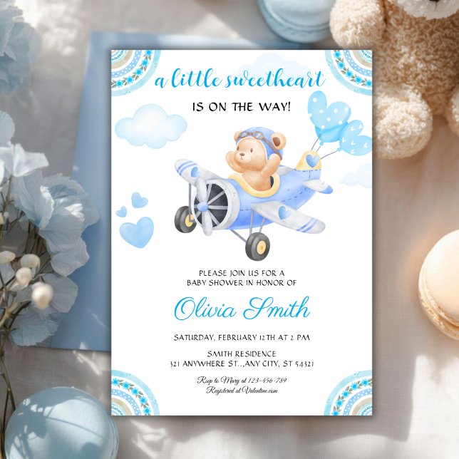 Valentines Sweetheart Blue Airplane Baby Shower Invitation (Creator Uploaded)