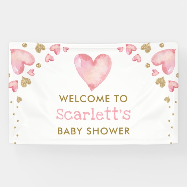 Valentines Sweetheart Pink Gold Baby Girl Welcome Banner (Horizontal)