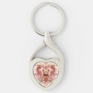 Valentine's ,Teddy Bear,Pink Love Heart and Flower Key Ring