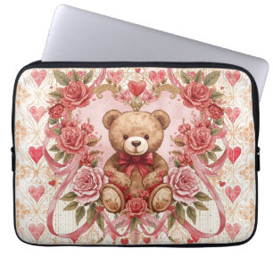 Valentine's ,Teddy Bear,Pink Love Heart and Flower Laptop Sleeve