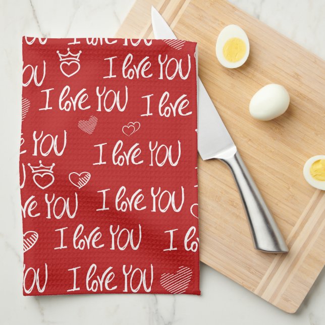 Valentine's theme Red White I love You Pattern Tea Towel (Quarter Fold)