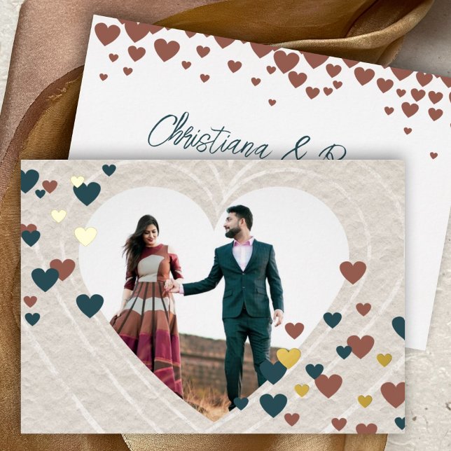 Valentine's Themed Wedding, Choose Heart Colours (rust copper terracotta teal green wedding invitations with valentine's day hearts)