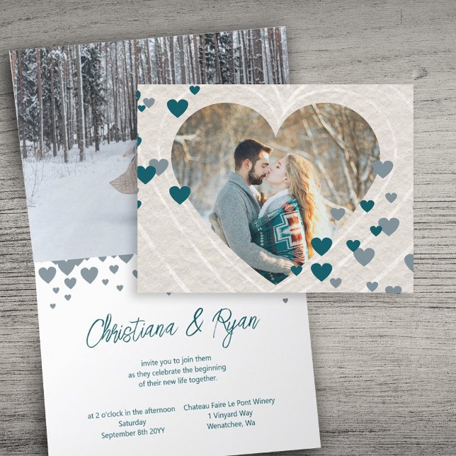 Valentine's Themed Wedding, Teal Green Grey Hearts Invitation (unique blue teal green valentines february wedding invitations winter heart shaped valentine's day)