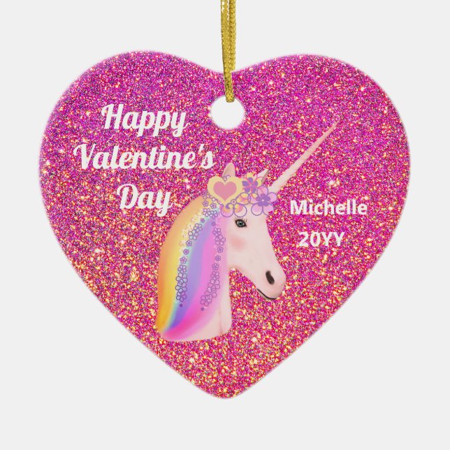 Valentines Unicorn Pink Glitter Personalised Ceramic Tree Decoration (Front)