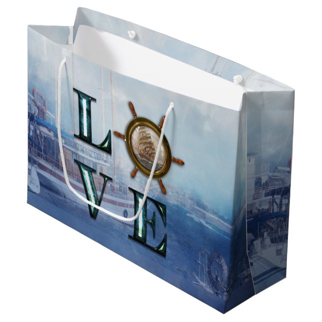 Valentine's Watercolor Nautical "Love" Large Gift Bag (Front Angled)