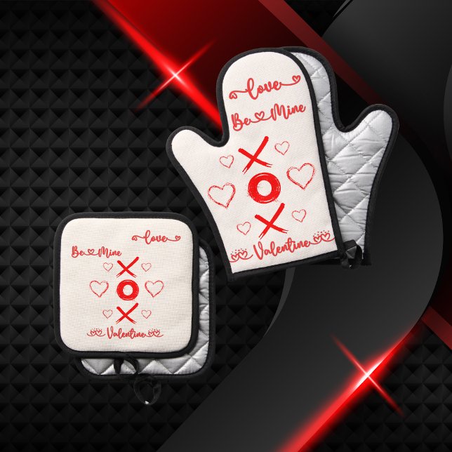 Valentine's XOXO with Hearts in Red | Oven Mitt & Pot Holder Set (Creator Uploaded)