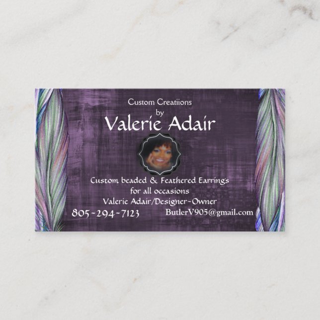 Valerie's Feather Wings  Earrings Business Card (Front)