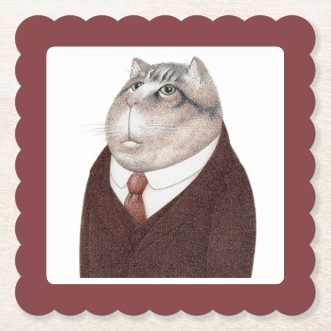 VALET CAT Scalloped Square Paper Coasters  (Front)