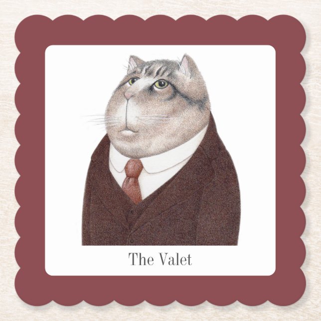 VALET CAT Scalloped Square Paper Coasters + Text (Front)