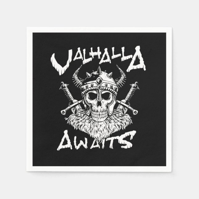 Valhalla Awaits Viking Skull Warrior Axe Gift Napkin (Front)