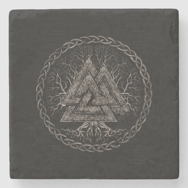 Valknut and Tree of Life Yggrdrasil Stone Coaster (Front)