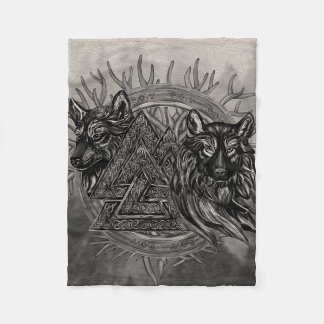 Valknut Symbol and Wolves Fleece Blanket (Front)